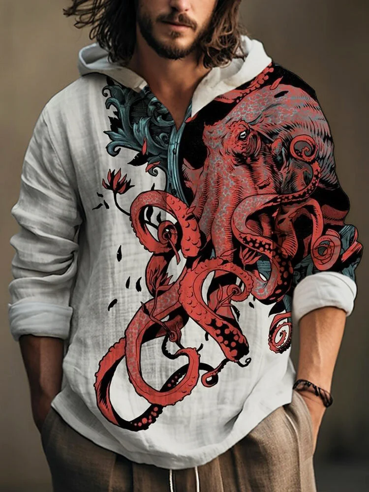 Cthulhu Vintage Octopus Pattern Linen Hooded Shirt