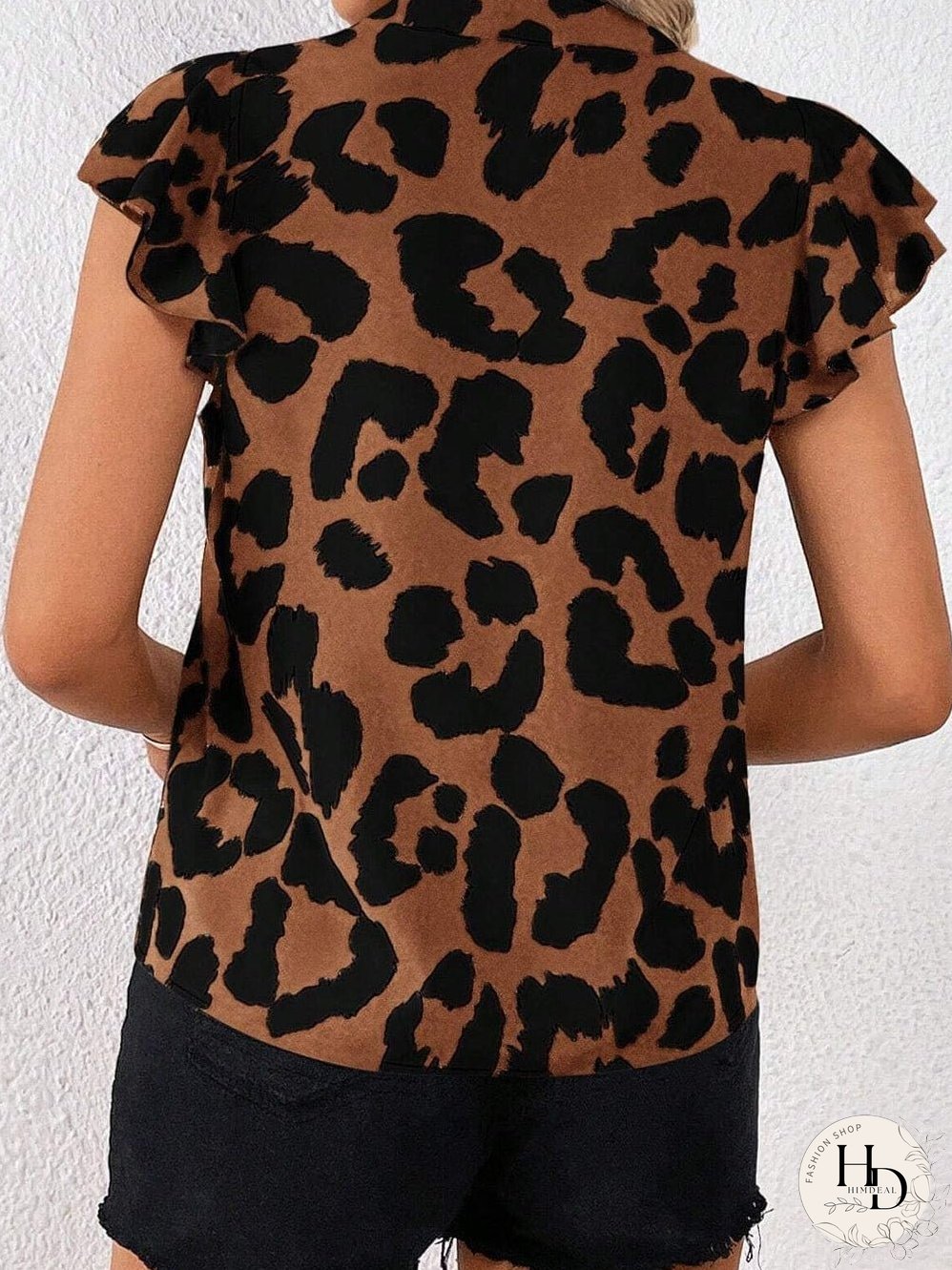 Leopard Print Split Neck Ruffle Sleeve Brown Blouse