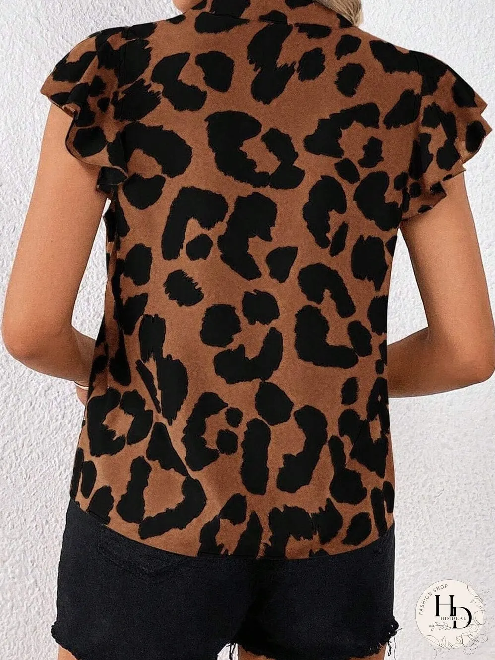 Leopard Print Split Neck Ruffle Sleeve Brown Blouse