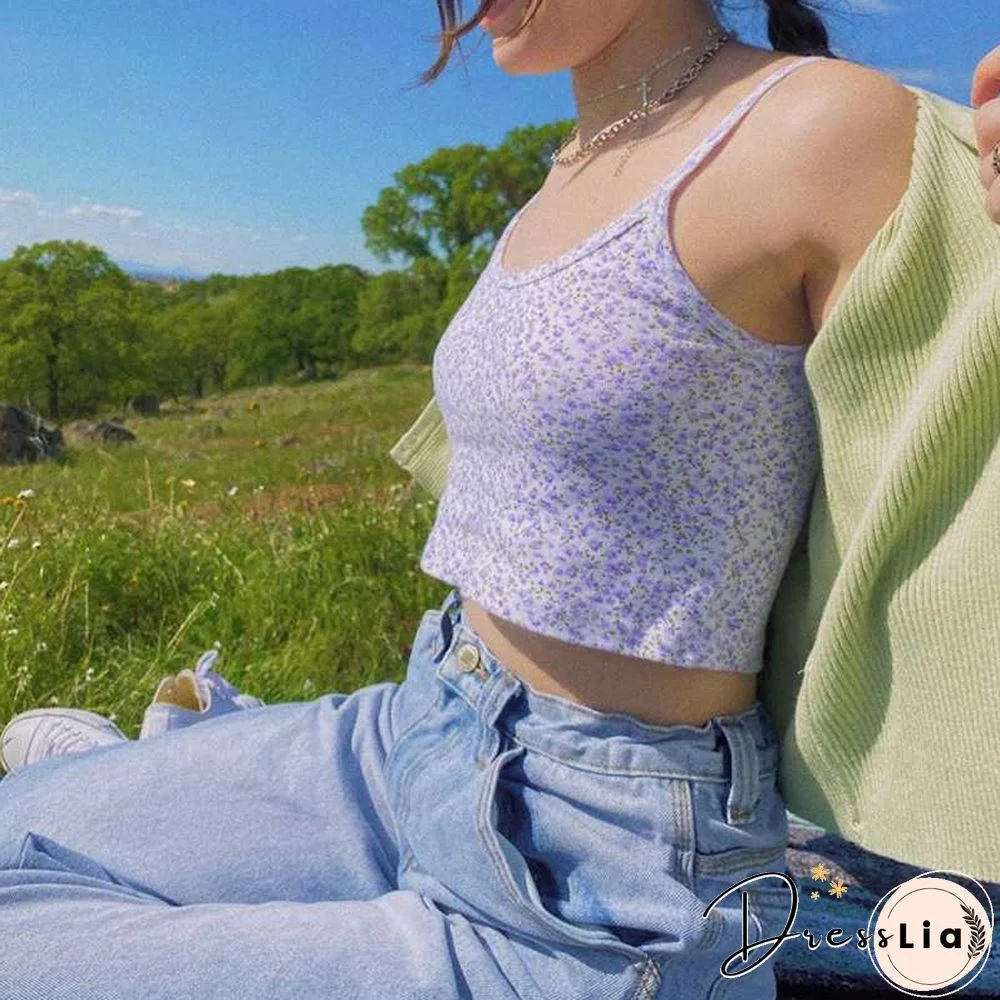 Ribbed Knit Flower Prints Cropped Cami Tops Lace Trim Tank