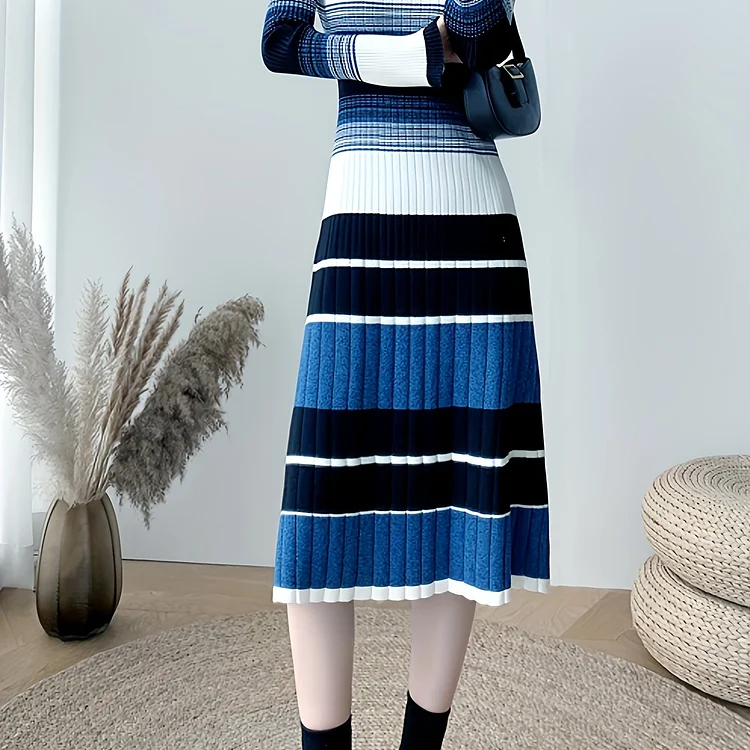 Striped Print Long Sleeve Knit Dress, Chic Crew Neck A-line Dress For Fall & Winter, Women's Clothing