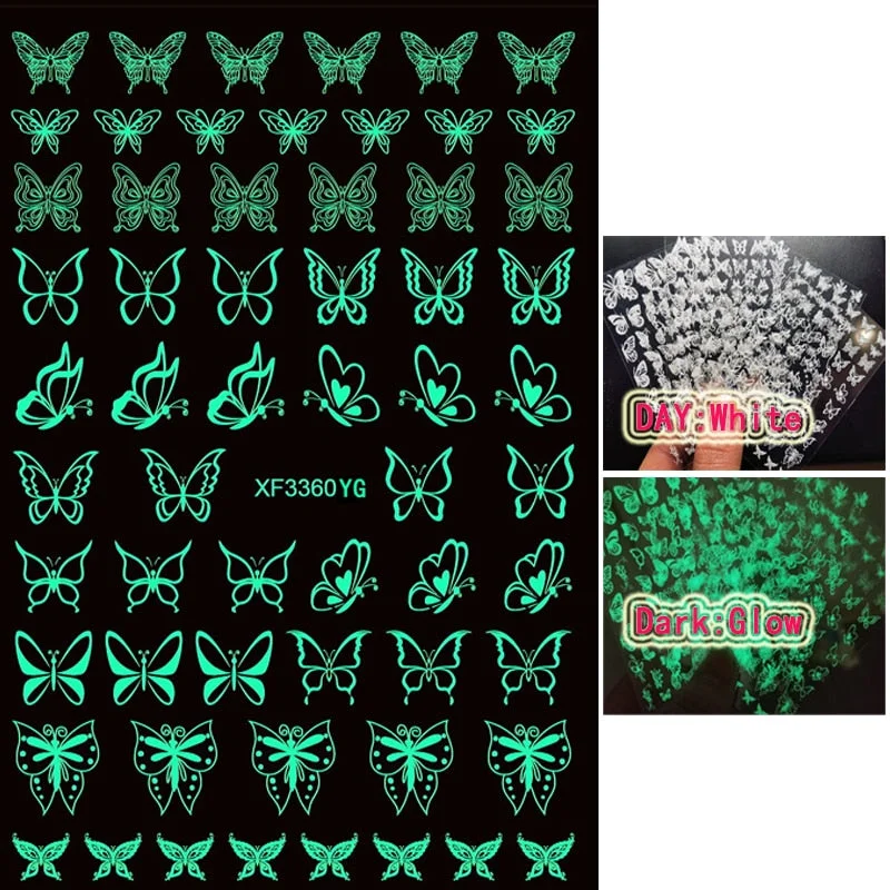New Arrive Nail Art Sticker Decal Decoration Glow In Dark Butterfly Nail Stickes Back Glue Moon Manicure Sticker on Nails Design