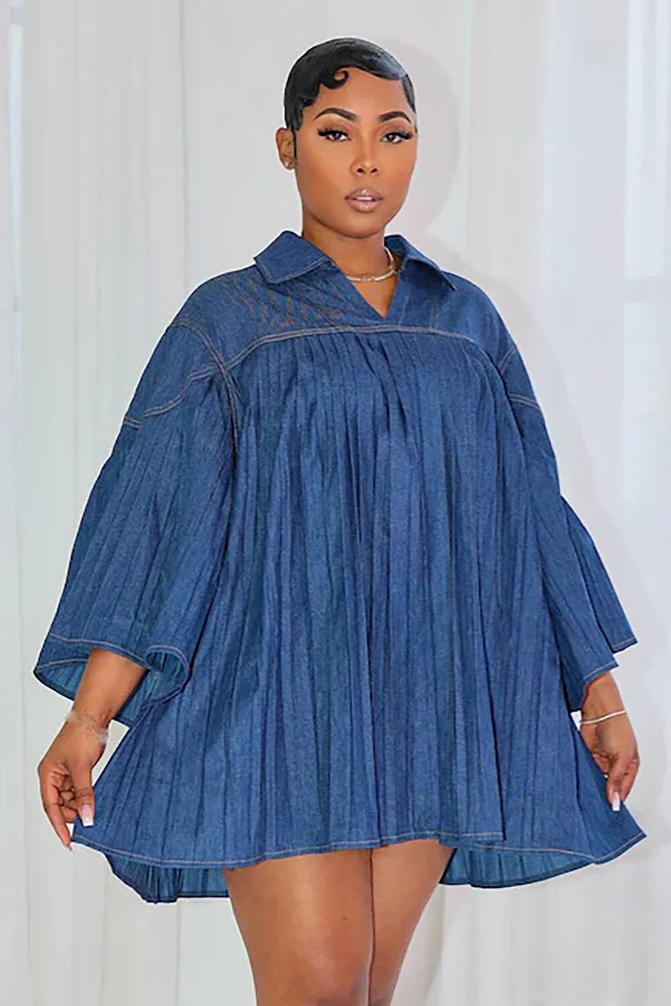 Turndown Collar Bell Sleeve Pleated Denim Loose Fit Mini Dresses-Blue