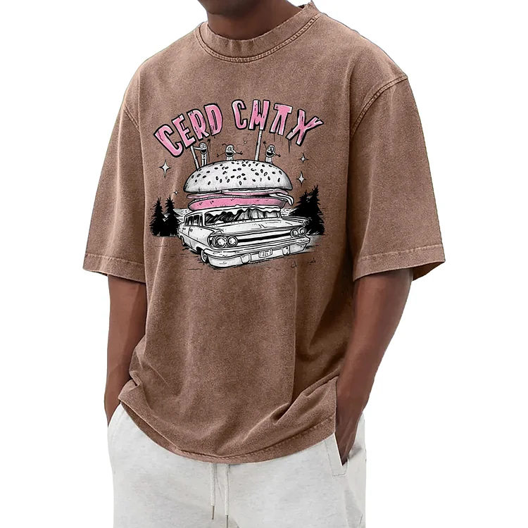 Funny hamburger graphic washed T-shirt