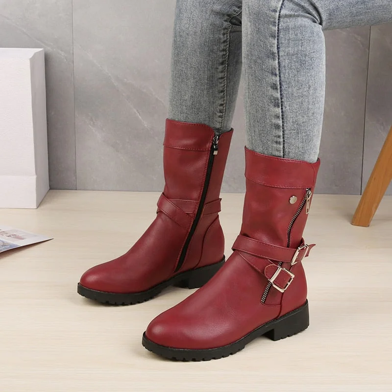 2021 Mid-Calf Boots Plus Size 43 Women Buckle Goth Boots Female Low Square Heel Zipper Leather Flat Shoes Red Black Grey Boots