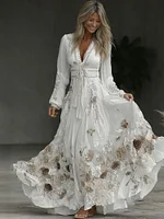 Women's Vintage Floral Pattern V Neck Maxi Dress