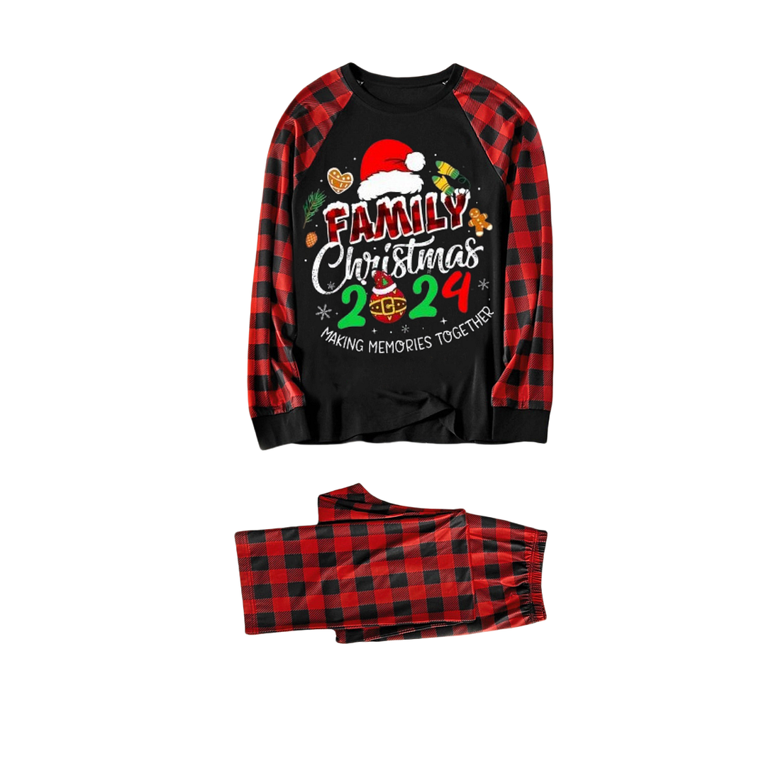 Santa Hat and "2024 Family Christmas" Text Print Black & Red Plaid Christmas Matching Pajamas