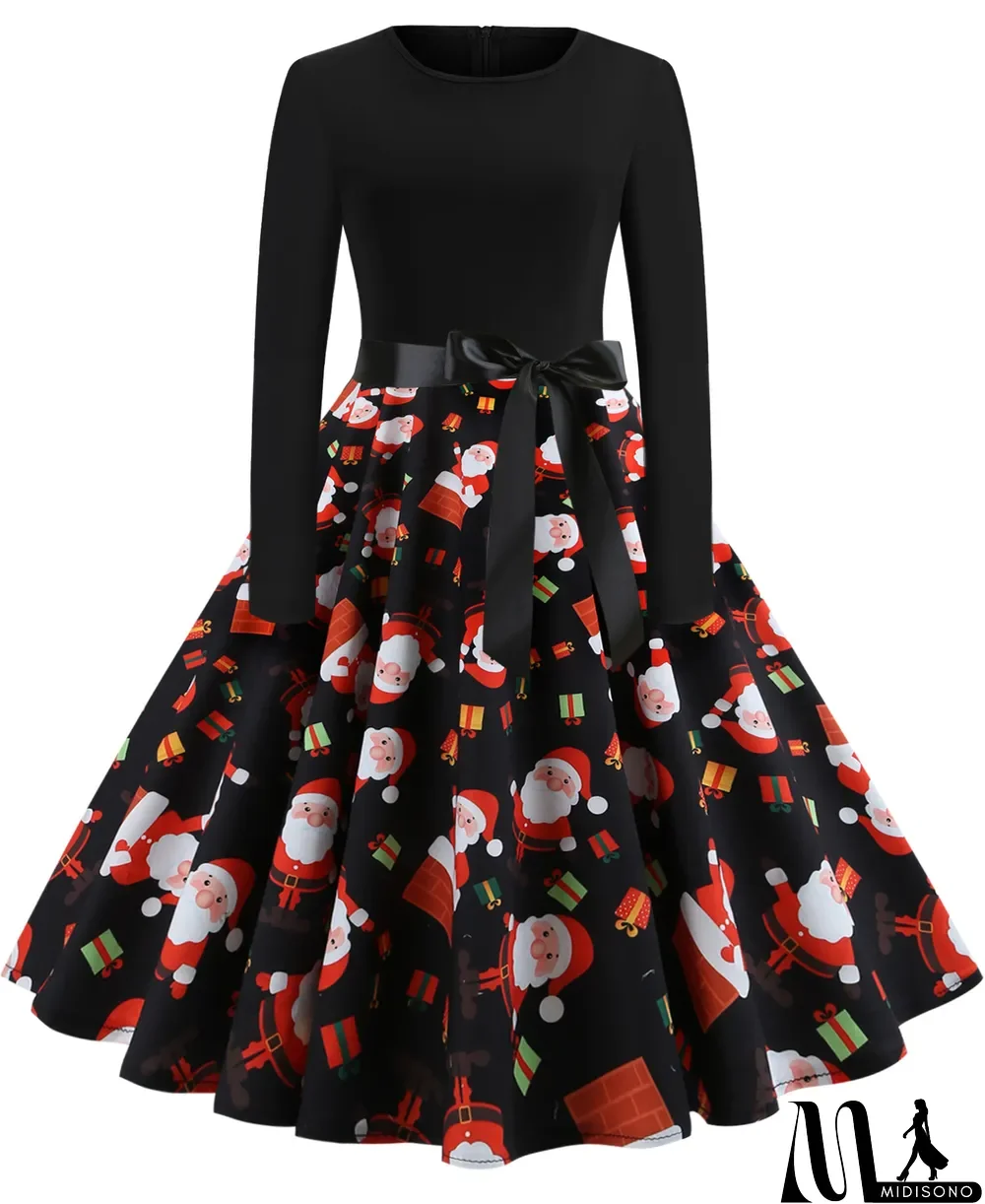 MidiSono - Vintage Black Christmas Print Long Sleeve Skater Dress