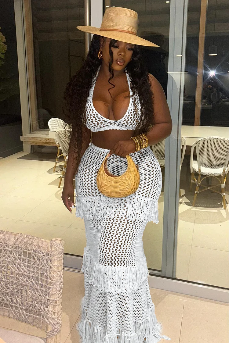 Crochet Plunge Neck Halter Crop Top Tiered Fringed Maxi Skirt 2pcs Set-Beige