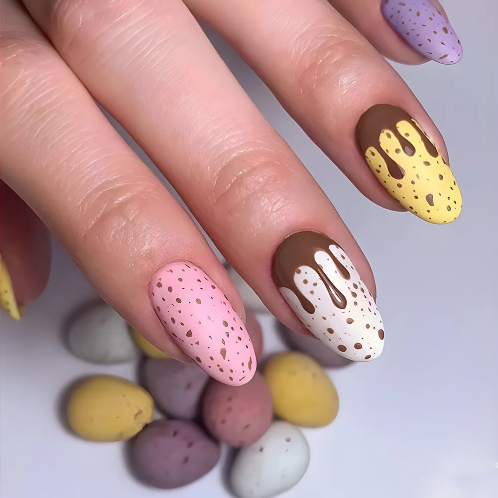 Bonusbuk 24Pcs French Fake Nails With Green Leaf Print Design Long Stiletto False Nail Wearabe Almond Press on Nails Full Cover Nail Tips