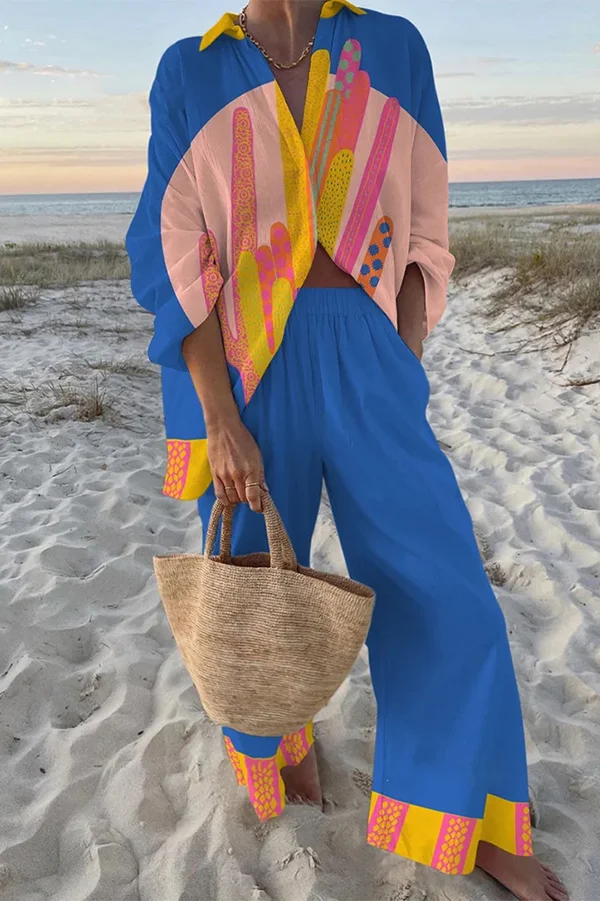 Colorful Cactus Print Oversized Shirt and Elastic Waist Pocket Pants Set