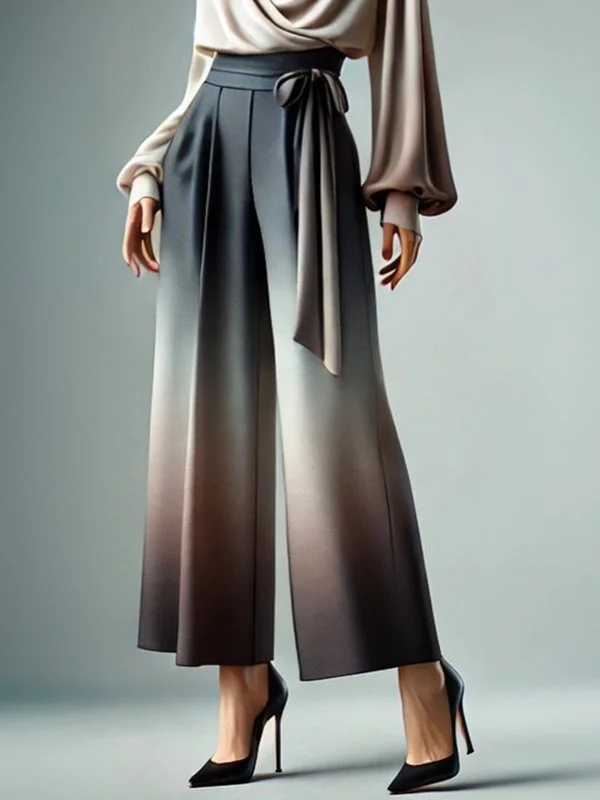 Gradient Tied Waist Loose Wide Leg Trousers Casual Pants Bottoms