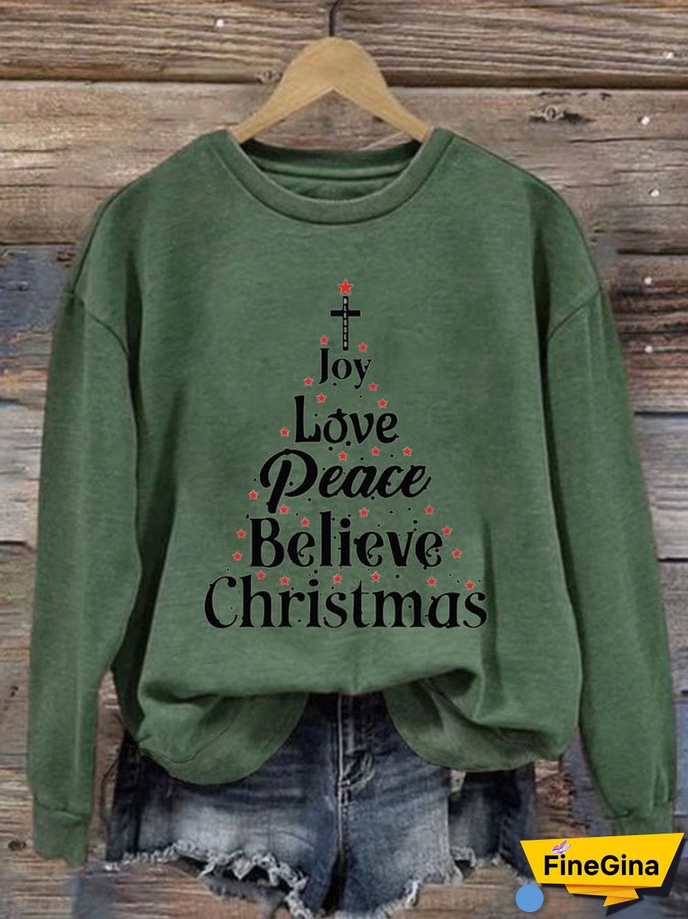 Women'S Joy Love Peace Believe Christmas Crew Neck Sweatshirt