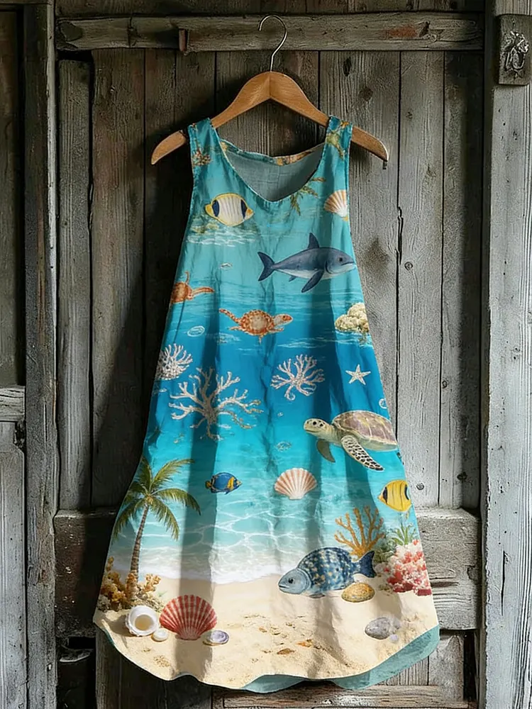 Women's Ocean Creature Print Spaghetti Strap Cotton Dress