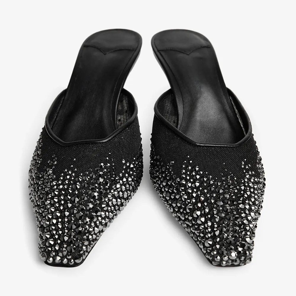 Black Mesh Pointed Toe Stiletto Heel Rhinestone Mules for Women