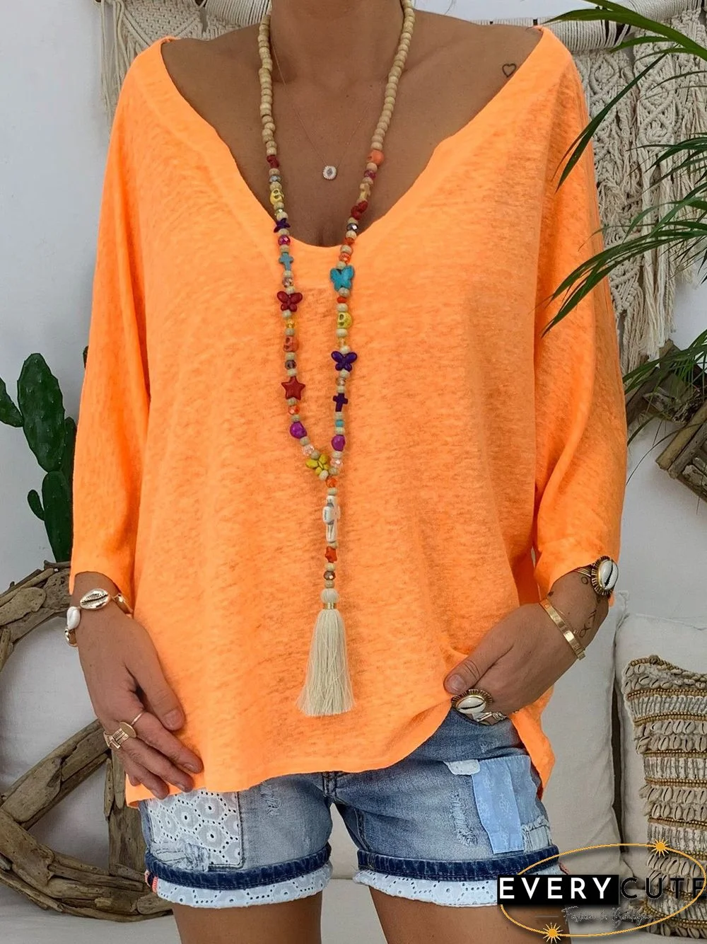 Casual V NeckSolid Cotton T-shirt