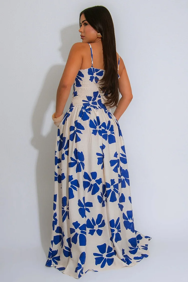 Floral Print Crop Cami High Waist Maxi Skirt Matching Set-Blue