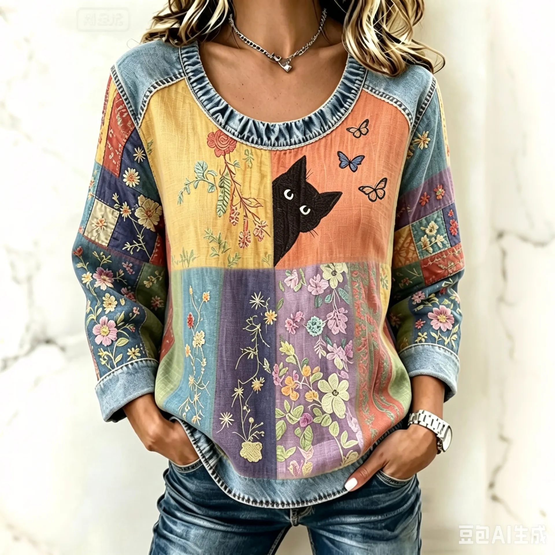Comstylish Abstract Creative Lovely Black Cat In Patchwork Floral Graphic Print Sweatshirt