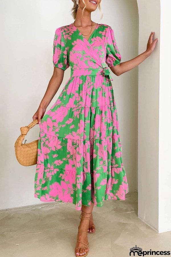 Elegant Floral Patchwork V Neck A Line Dresses