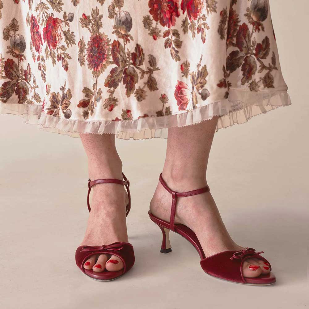 Women's Red Velvet & Vegan Leather Peep Toe Ankle Strap Sandals  Nicepairs