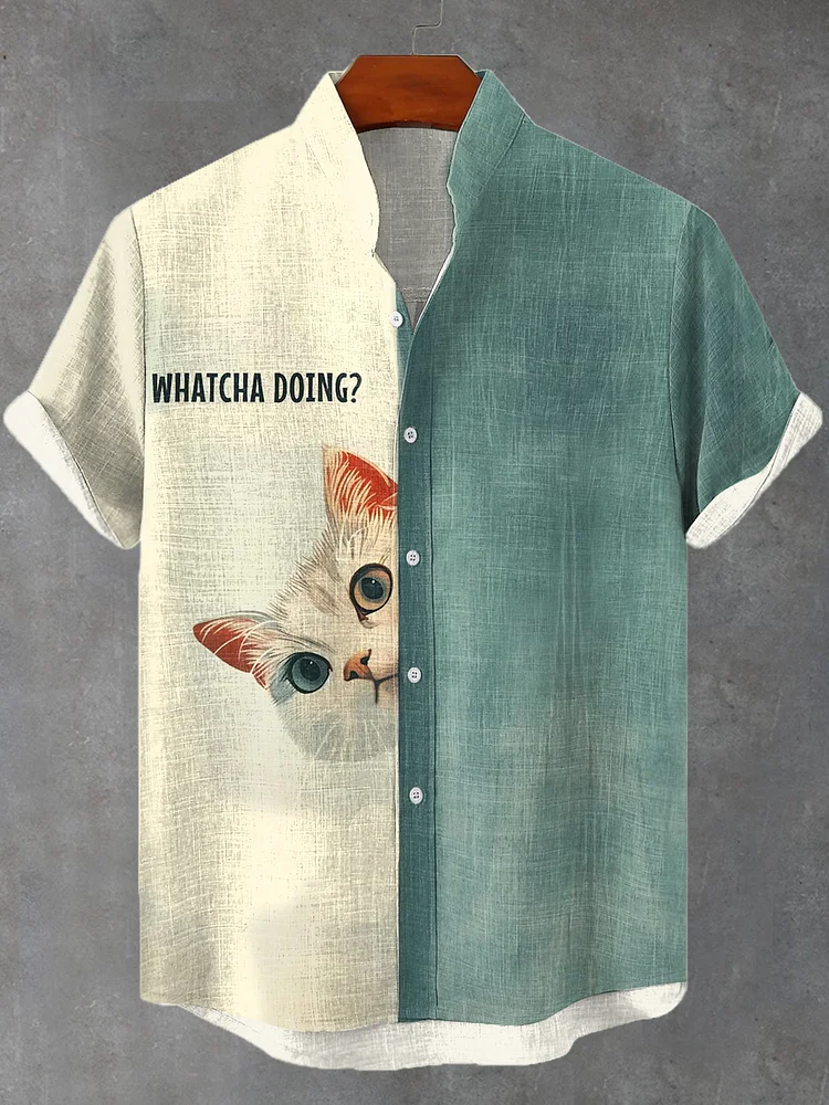 Men's Hiding White Cat Whatcha Doing Print Casual Linen Blend Shirt