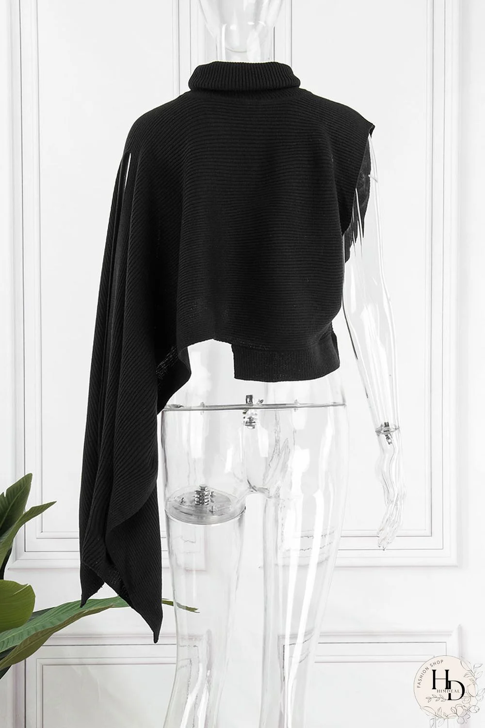 Red Street Solid Patchwork Slit Asymmetrical Turtleneck Tops