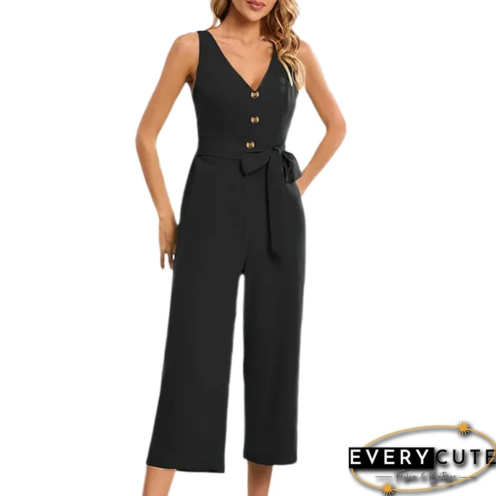 Black V Neck Button Sleeveless Jumpsuit with Belt