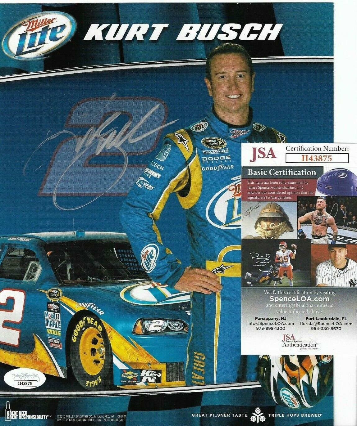 Miller Lite Beer Driver ~Kurt Busch~ Signed NASCAR 8.5x11 2 Sided Photo Poster painting Card JSA