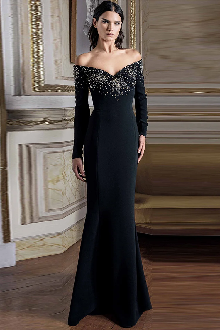 Sparkly Rhinestone Off Shoulder Long Sleeve Mermaid Maxi Dress-Black