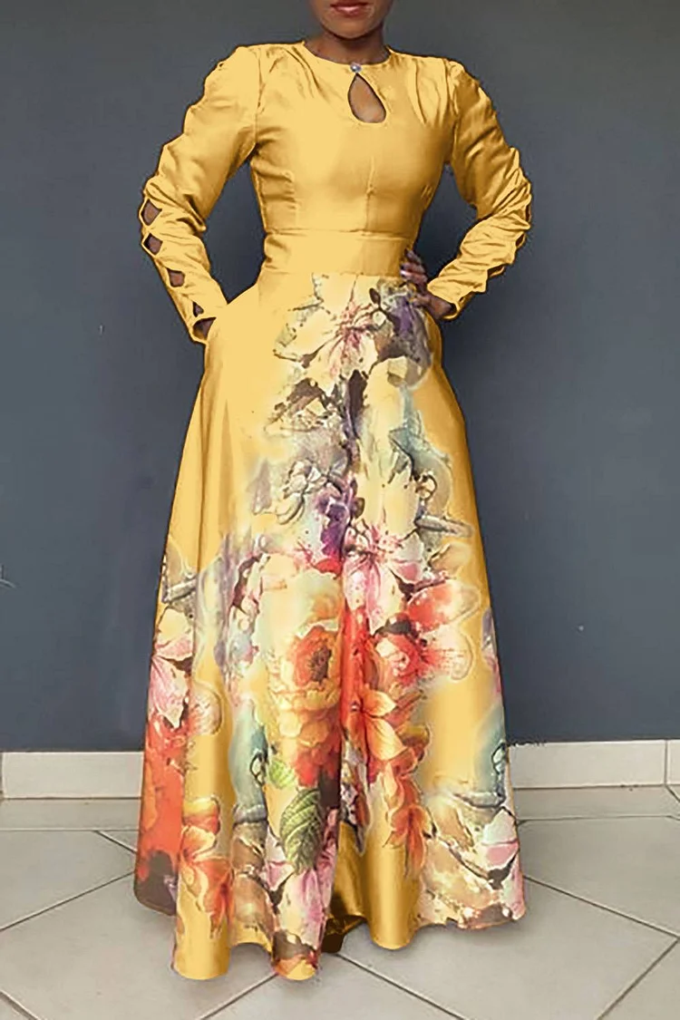 Plus Size Formal Dress Yellow Floral Print Long Sleeve Hollowed Maxi Dress With Pocket
