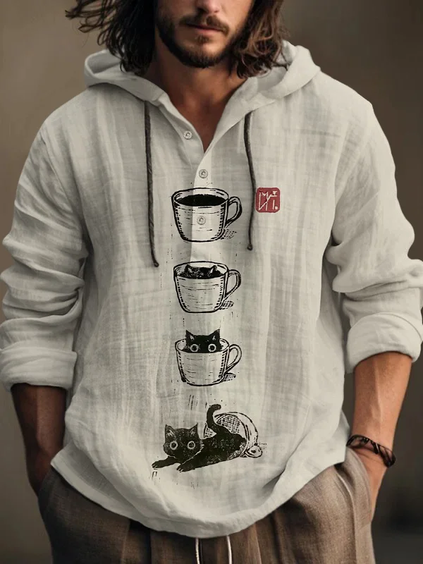 Men's Cat Coffee Cup Japanese Art Painting Print Hooded Shirt