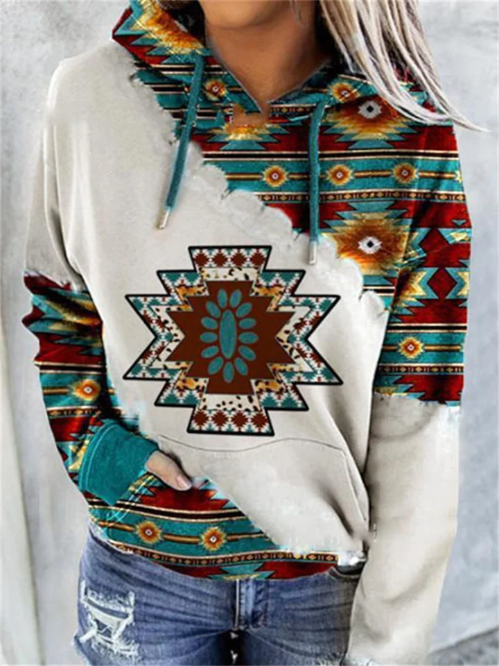 hoodies for women pullover graphic,womens long sleeve hoodie aztec geometric print drawstring color block hooded sweatshirt pullover tops with pockets-Cosfine