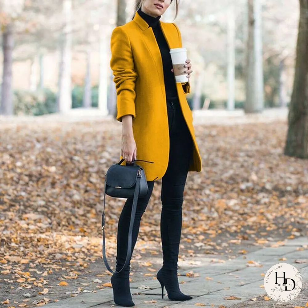 New Autumn and Winter Fashion Womens Solid Color Stand-Up Collar Woolen Coat Lapel Wool