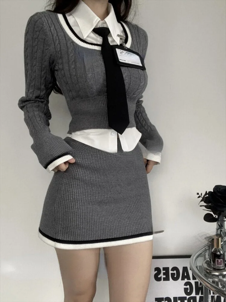 Lourdasprec  Y2K Women Korean Casual Groups Acubi Gyaru Desire Piece Set Suits Mini Skirt Sexy Long Sleeve Tops T-shirt Matching Sets Clothes