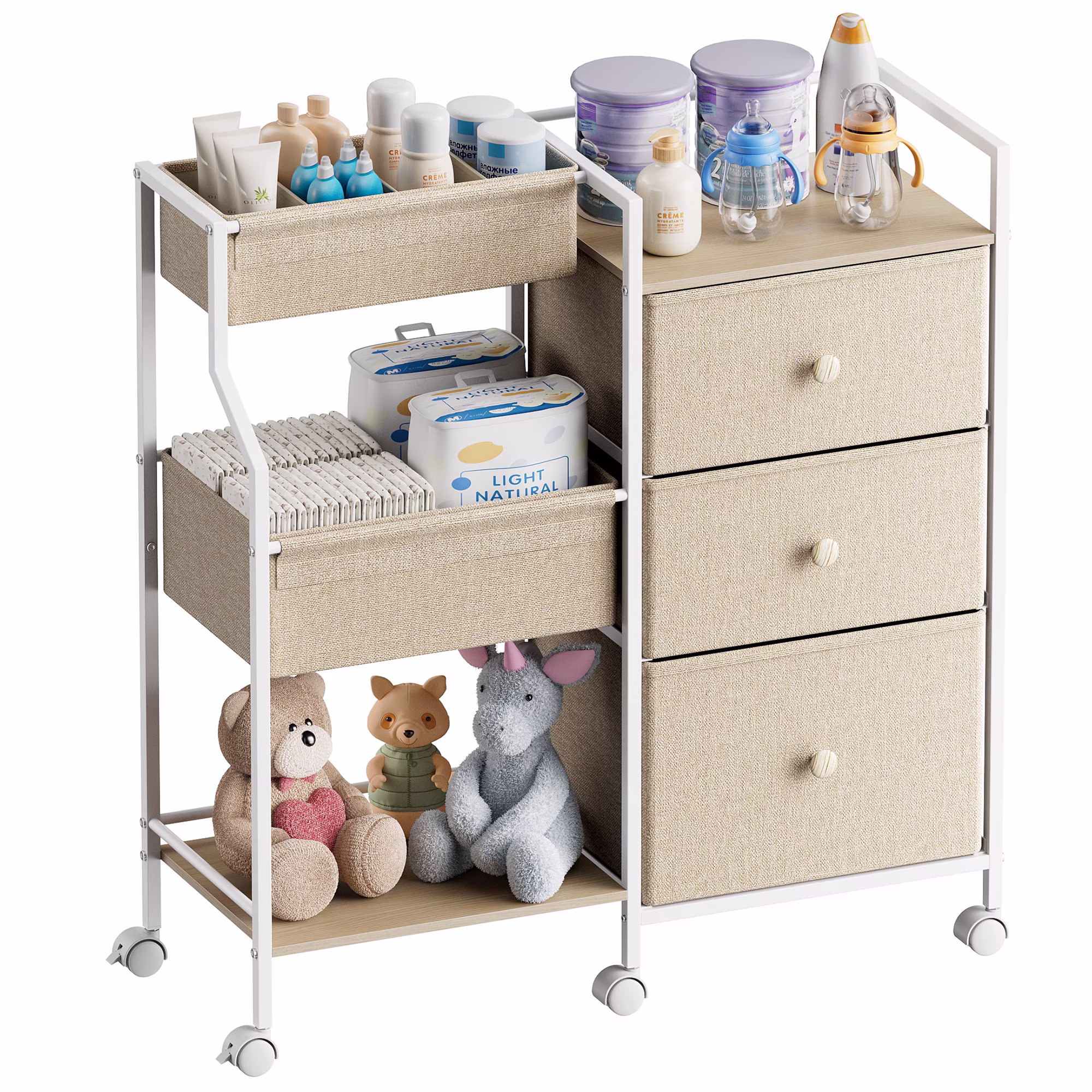 Baby Diaper Organizer and Storage Cart - 3 Tiers with Dividers and Drawers for Nursery, Bedroom, Changing Table and Crib