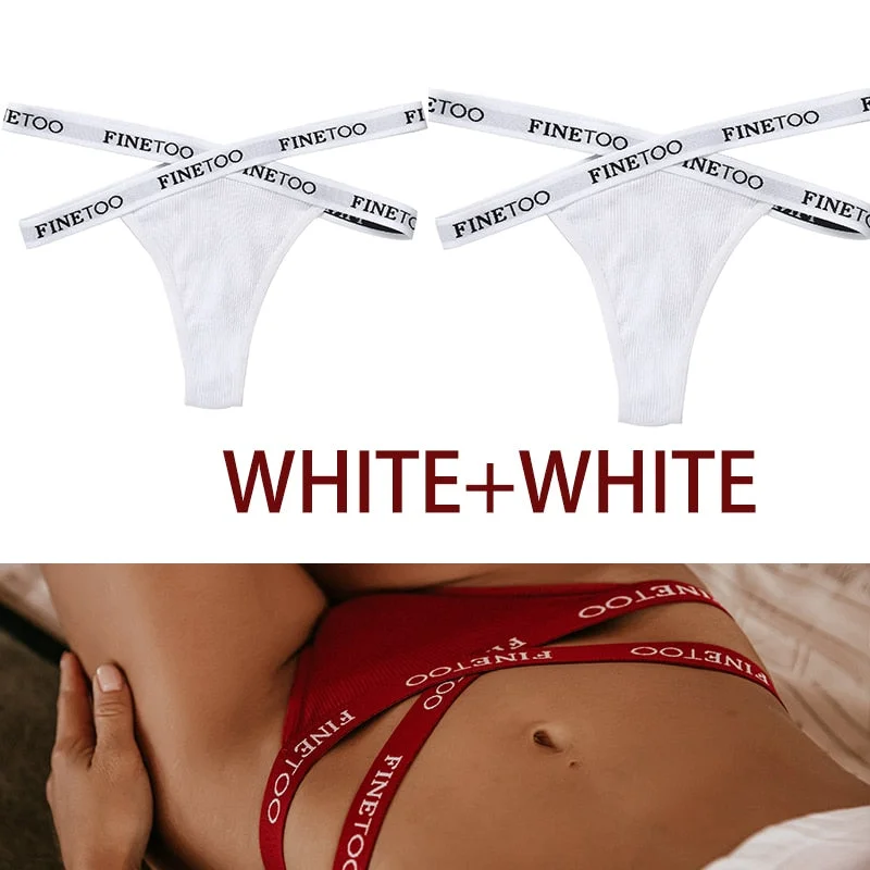 FINETOO 2PCS/Set Women's Cotton G-string Sexy Cross Strap Panties Letter Waisted Underwear Thongs Femme Hollow Out Lady Briefs