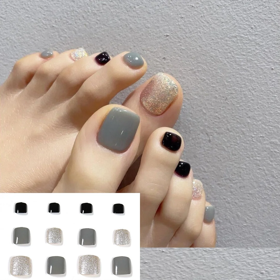 24pcs Purple False Toe Nails Summer Full Cover Wearing Toe Nail Art Pattern Removable Nail Stickers With Glue-Nail Inspo
