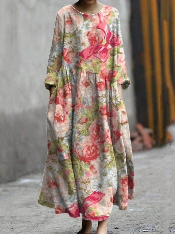 Women's decorative pattern pocket cotton dress