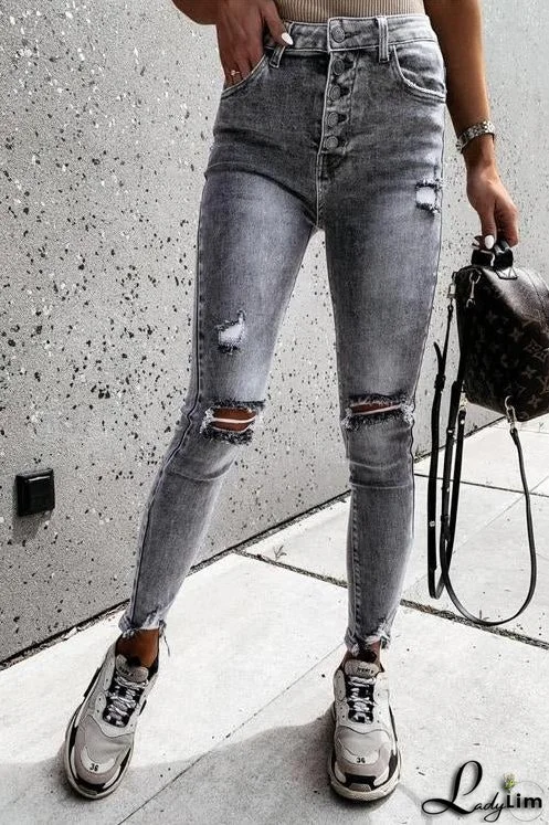 Grey Ripped High Waist Skinny Jeans