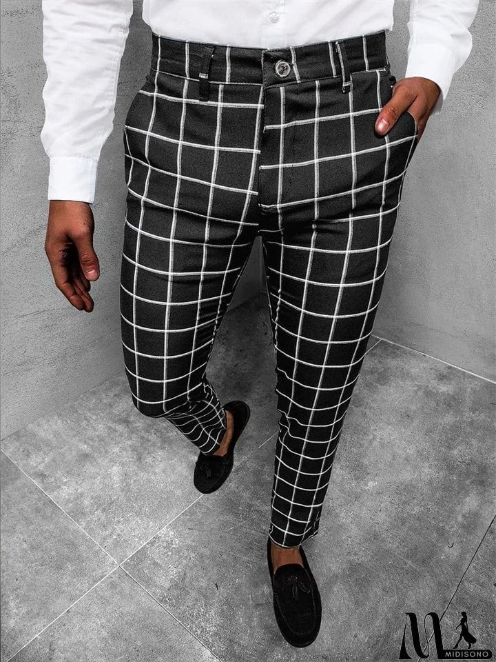 MidiSono - Men's Trendy Retro Plaid Mid Rise Office Wear Pencil Pants