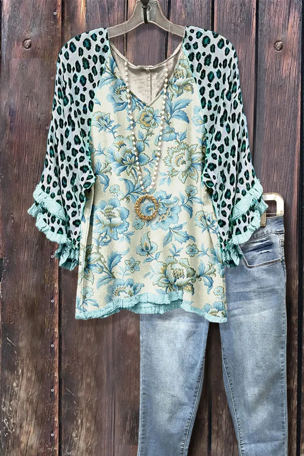 Floral Print Frayed Leopard Sleeve Top