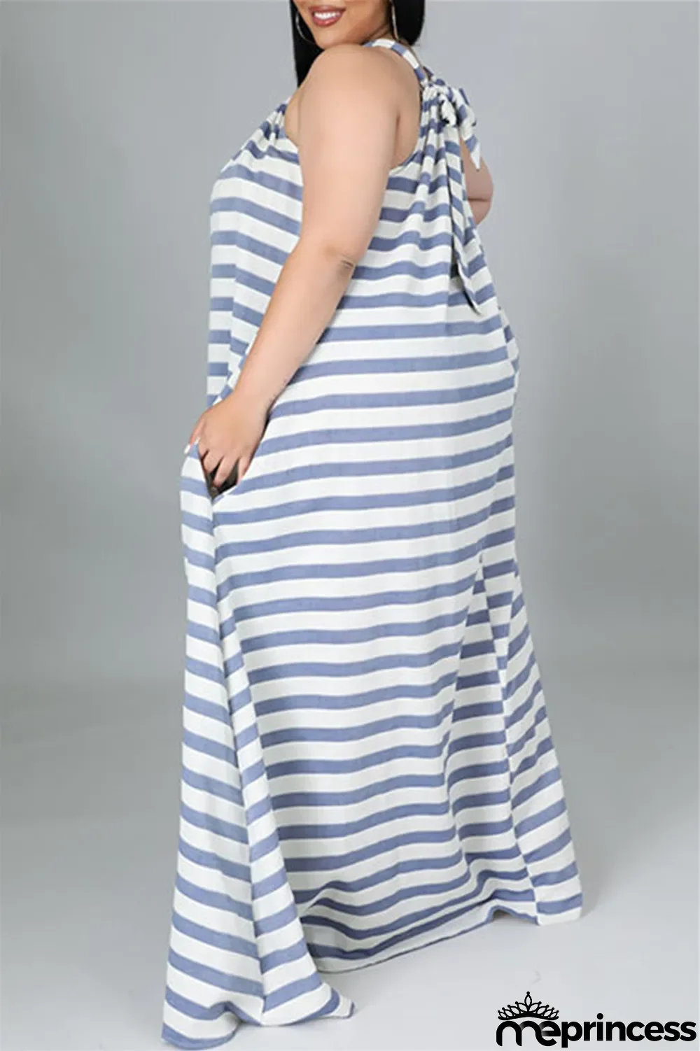Light Blue Fashion Casual Plus Size Striped Print Backless O Neck Sleeveless Dress