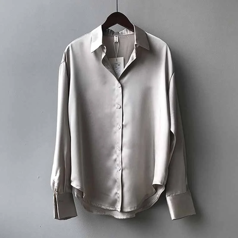 Wongn Women Vintage Fashion Button Up Satin Shirt Silk Korean Office Ladies Elegant Shirt Blouse White Long Sleeve Shirts Tops 11355