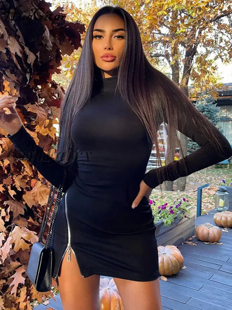Girlfairy Long Sleeve Solid Turtleneck Cut Out Zipper Mini Dress Fall Women Fashion Sexy Party Club