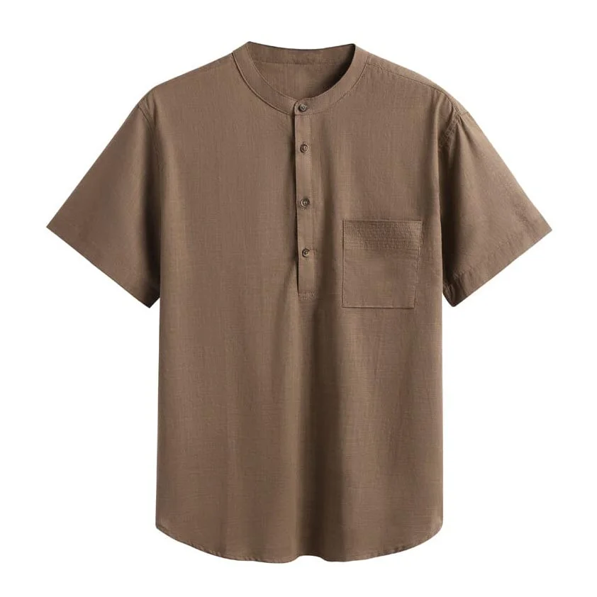 Men's Cotton Linen Shirt Henley Pocket Beach Vacation Hawaiian Short Sleeve Casual Daily Tops-inspireuse