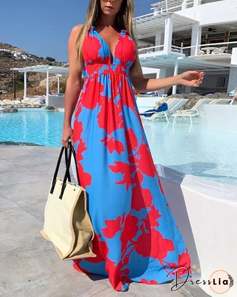 Plunging Neck Print Sleeveless Paneled A-line Elegant Maxi Dress