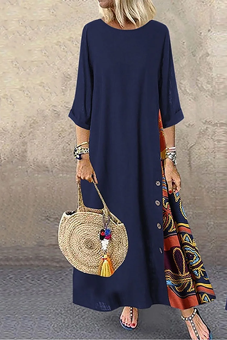Plus Size Casual Dark Blue Cotton And Linen And Linen Patchwork Maxi Dress  Flycurvy [product_label]