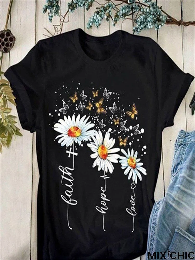 Casual Floral Crew Neck Short Sleeve Top