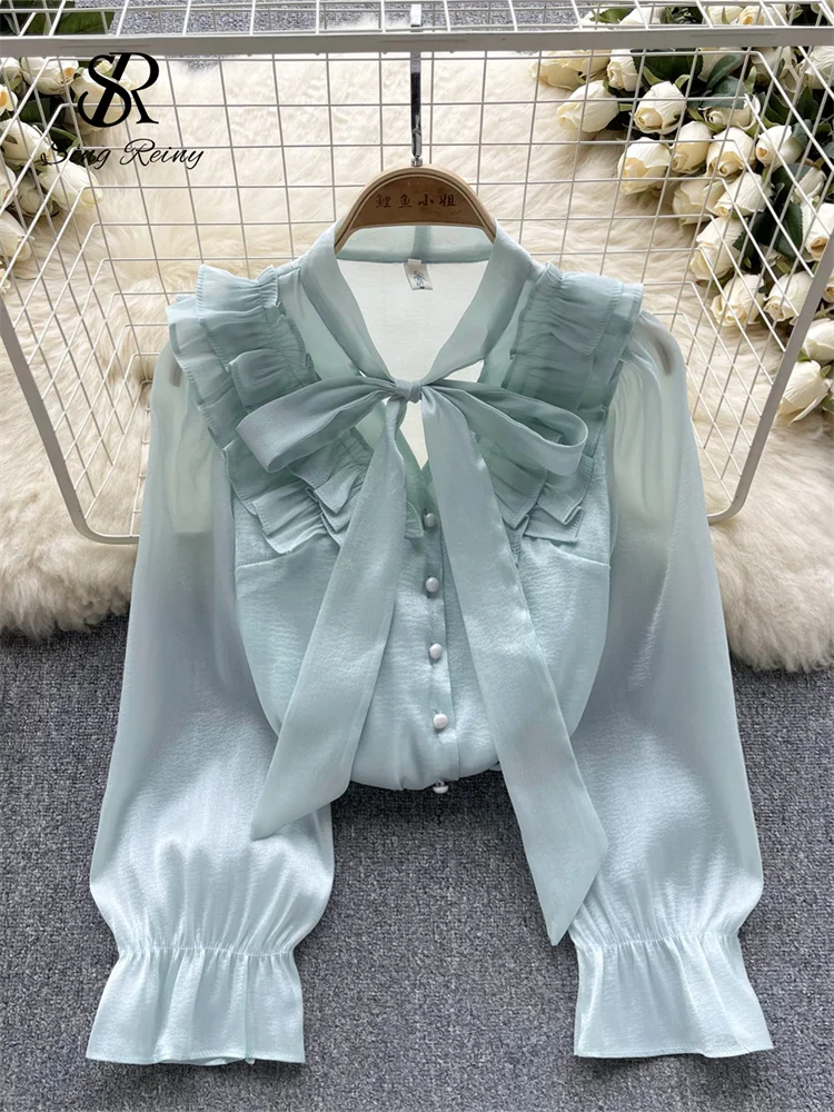 Huibahe Bow Sweet Satin Loose Blouse Women Ruffles Long Sleeves Autumn Shirt Fashion Streetwear Korean y2k Vintage Top 2024