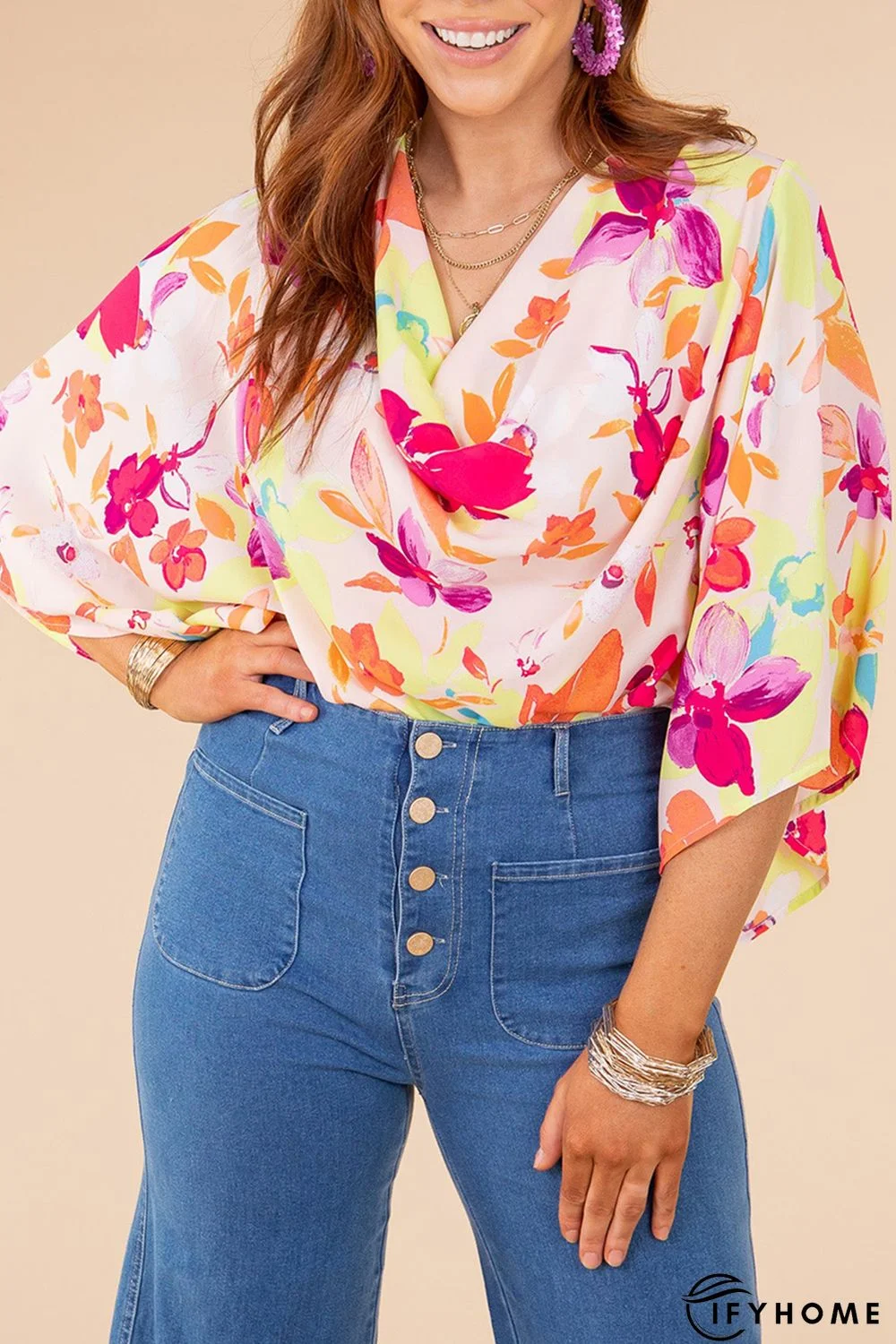 Multicolor Floral Print Cowl Neck Plus Size Blouse | IFYHOME